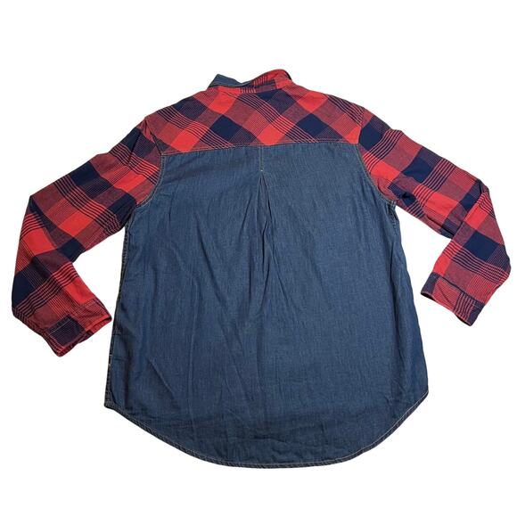 BDG Women's Mixed Media Plaid Flannel Denim Button Up Shirt Size Large Casual - Picture 2 of 9